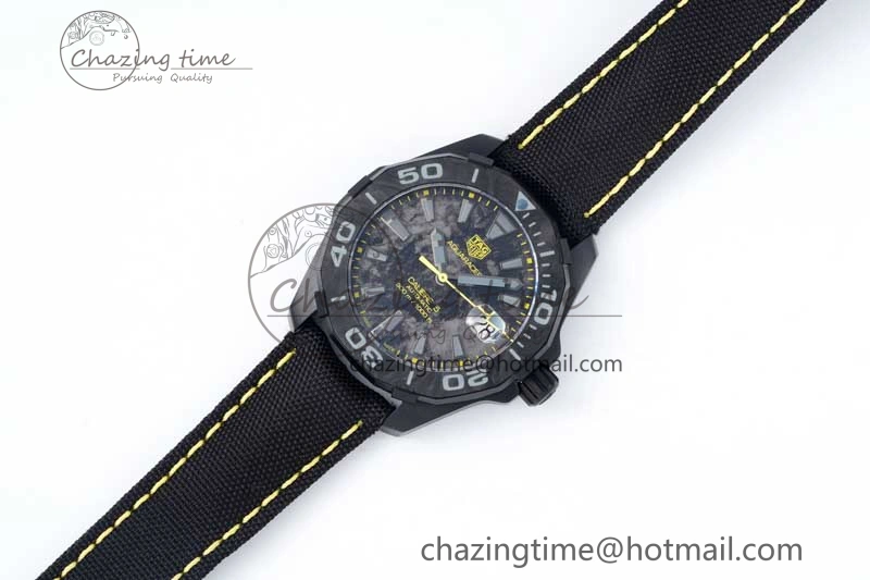 Aquaracer Calibre 5 PVD 41mm TARF 1:1 Best Edition Carbon Yellow Dial on Black Nylon Strap SW200