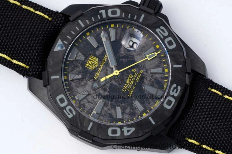 Aquaracer Calibre 5 PVD 41mm TARF 1:1 Best Edition Carbon Yellow Dial on Black Nylon Strap SW200