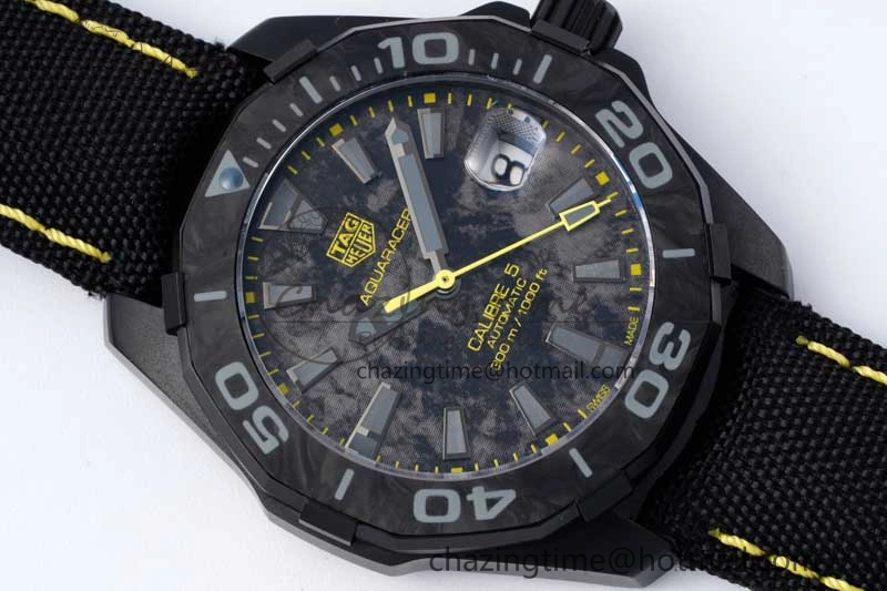 Aquaracer Calibre 5 PVD 41mm TARF 1:1 Best Edition Carbon Yellow Dial on Black Nylon Strap SW200