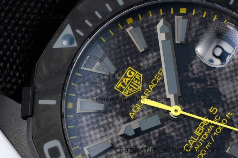 Aquaracer Calibre 5 PVD 41mm TARF 1:1 Best Edition Carbon Yellow Dial on Black Nylon Strap SW200