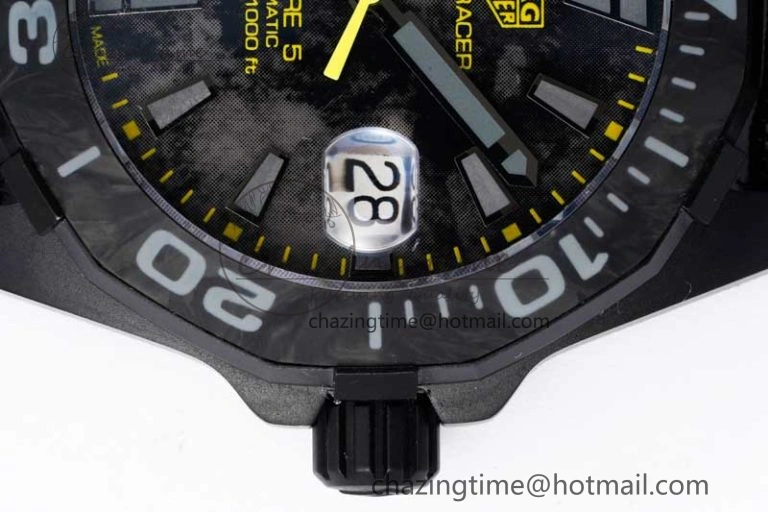 Aquaracer Calibre 5 PVD 41mm TARF 1:1 Best Edition Carbon Yellow Dial on Black Nylon Strap SW200