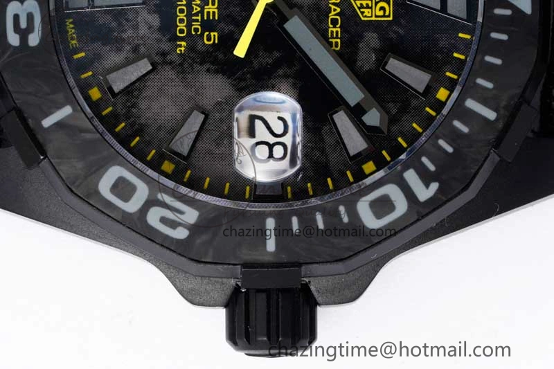 Aquaracer Calibre 5 PVD 41mm TARF 1:1 Best Edition Carbon Yellow Dial on Black Nylon Strap SW200