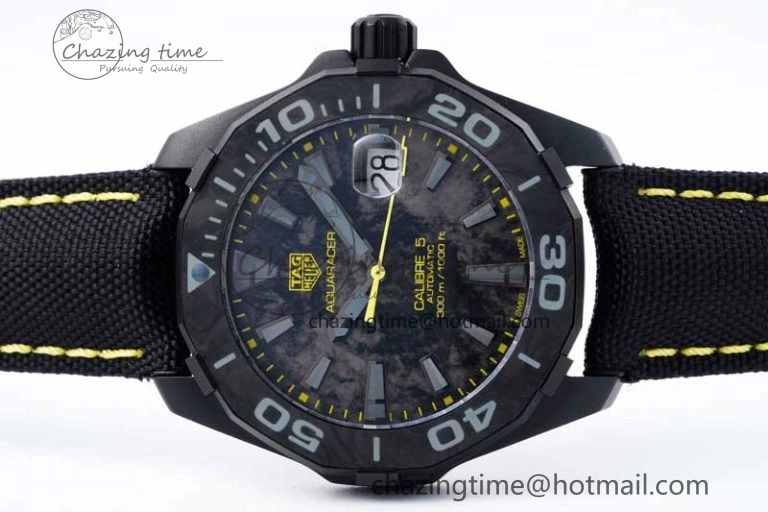 Aquaracer Calibre 5 PVD 41mm TARF 1:1 Best Edition Carbon Yellow Dial on Black Nylon Strap SW200