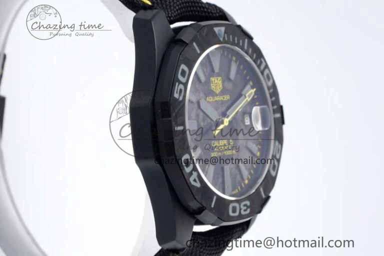 Aquaracer Calibre 5 PVD 41mm TARF 1:1 Best Edition Carbon Yellow Dial on Black Nylon Strap SW200