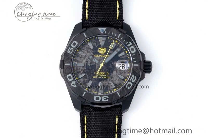 Aquaracer Calibre 5 PVD 41mm TARF 1:1 Best Edition Carbon Yellow Dial on Black Nylon Strap SW200