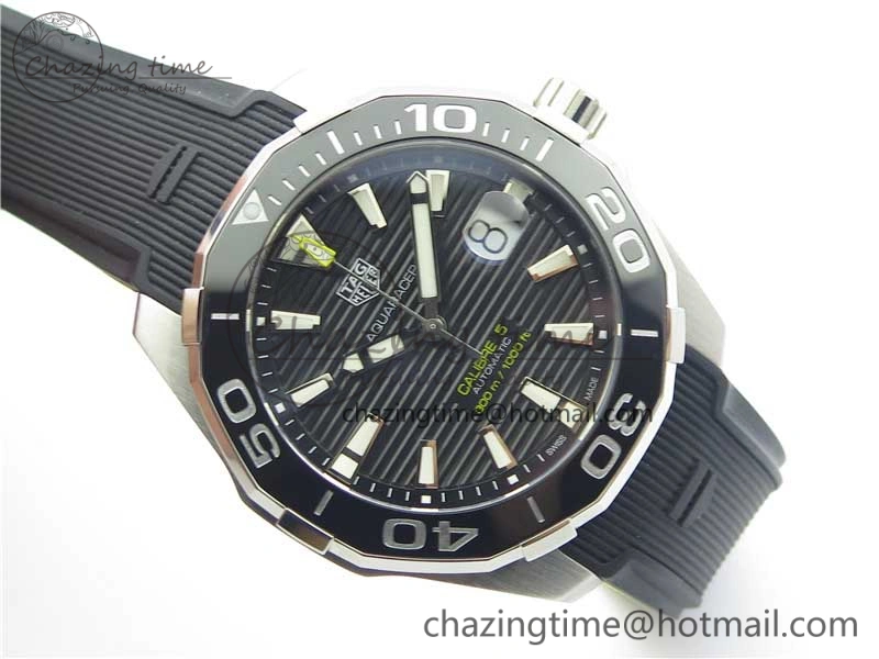 Aquaracer Calibre 5 SS 43mm V6F 1:1 Best Edition Black Dial 2 Yellow Line on Black Rubber Strap A2824