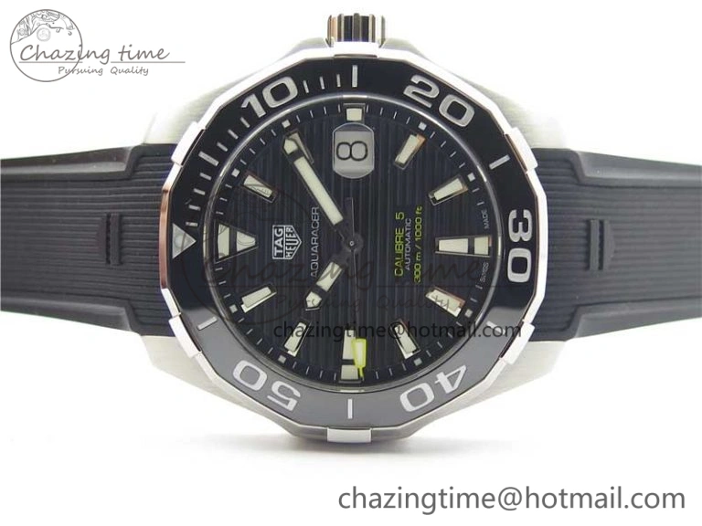 Aquaracer Calibre 5 SS 43mm V6F 1:1 Best Edition Black Dial 2 Yellow Line on Black Rubber Strap A2824
