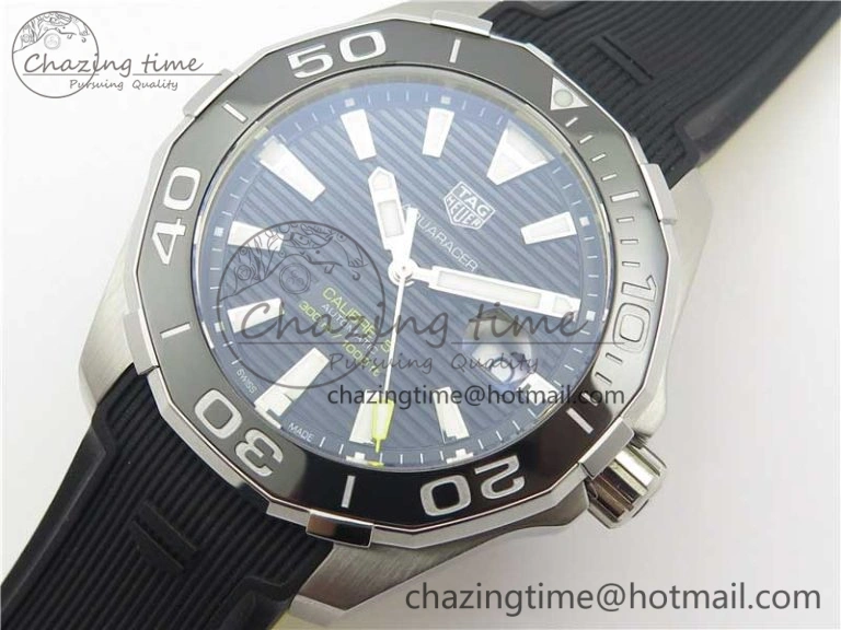 Aquaracer Calibre 5 SS 43mm V6F 1:1 Best Edition Black Dial 2 Yellow Line on Black Rubber Strap A2824