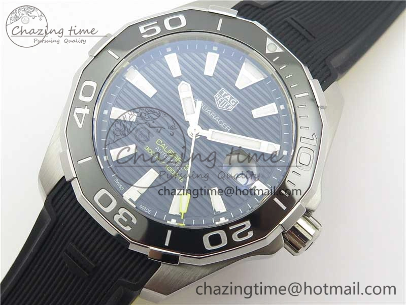 Aquaracer Calibre 5 SS 43mm V6F 1:1 Best Edition Black Dial 2 Yellow Line on Black Rubber Strap A2824