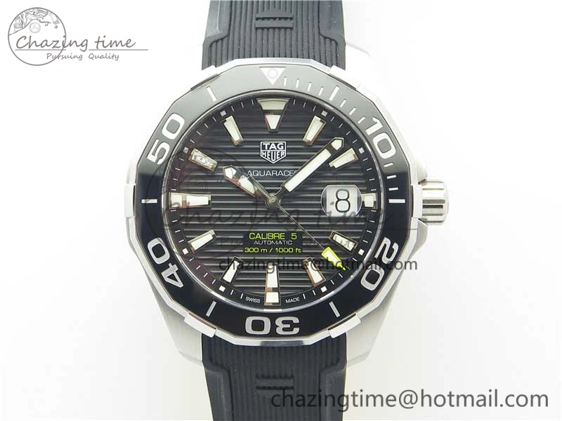 Aquaracer Calibre 5 SS 43mm V6F 1:1 Best Edition Black Dial 2 Yellow Line on Black Rubber Strap A2824