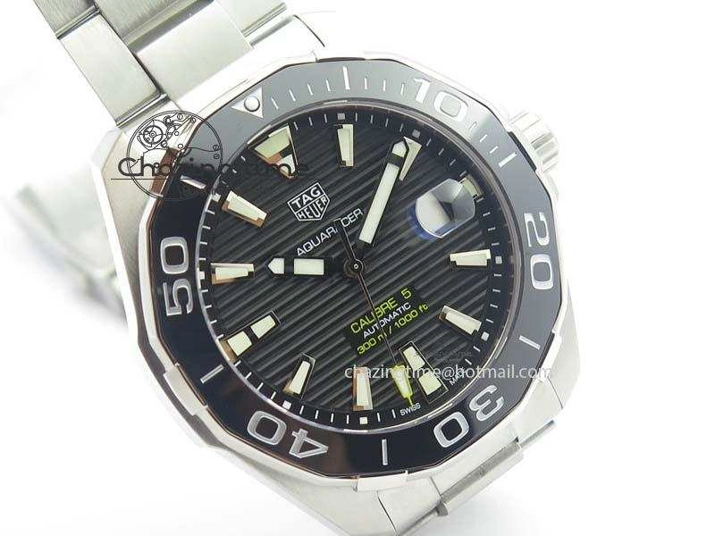 Aquaracer Calibre 5 SS MKF 1:1 Best Edition Black Textured Dial Ceramic Bezel On SS Bracelet A2824