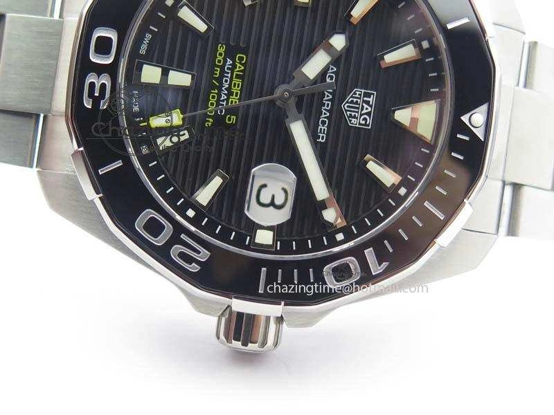 Aquaracer Calibre 5 SS MKF 1:1 Best Edition Black Textured Dial Ceramic Bezel On SS Bracelet A2824