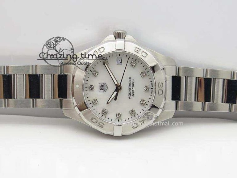 Aquaracer Ladies SS MOP White Diamond Markers Dial On SS Bracelet Swiss Quartz