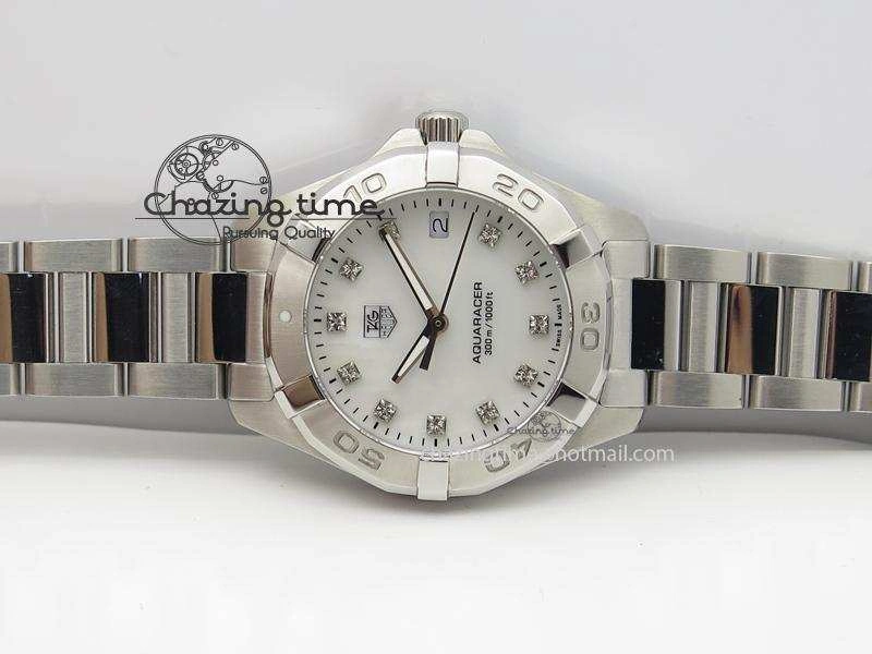 Aquaracer Ladies SS MOP White Diamond Markers Dial On SS Bracelet Swiss Quartz