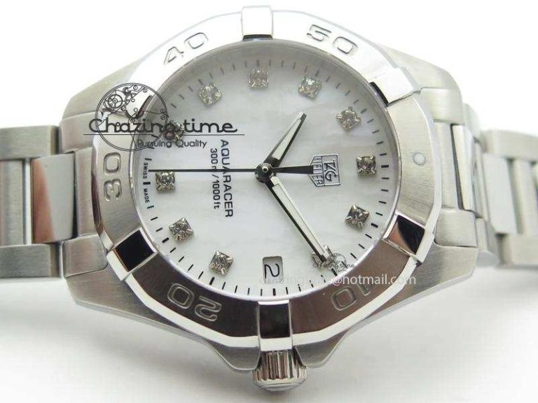 Aquaracer Ladies SS MOP White Diamond Markers Dial On SS Bracelet Swiss Quartz
