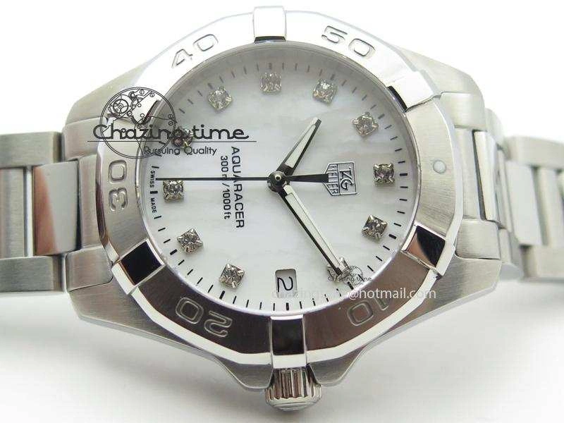 Aquaracer Ladies SS MOP White Diamond Markers Dial On SS Bracelet Swiss Quartz