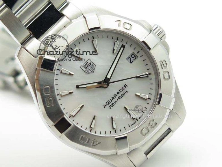 Aquaracer Ladies SS MOP White Stick Markers Dial On SS Bracelet Swiss Quartz