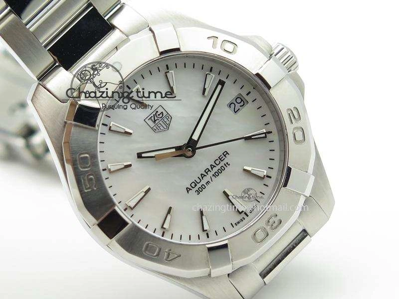 Aquaracer Ladies SS MOP White Stick Markers Dial On SS Bracelet Swiss Quartz