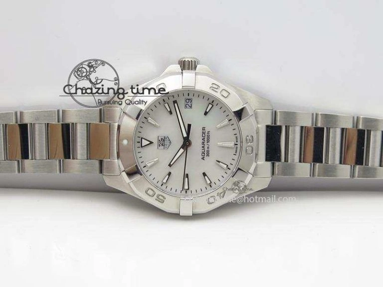 Aquaracer Ladies SS MOP White Stick Markers Dial On SS Bracelet Swiss Quartz