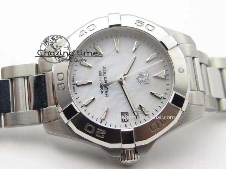 Aquaracer Ladies SS MOP White Stick Markers Dial On SS Bracelet Swiss Quartz
