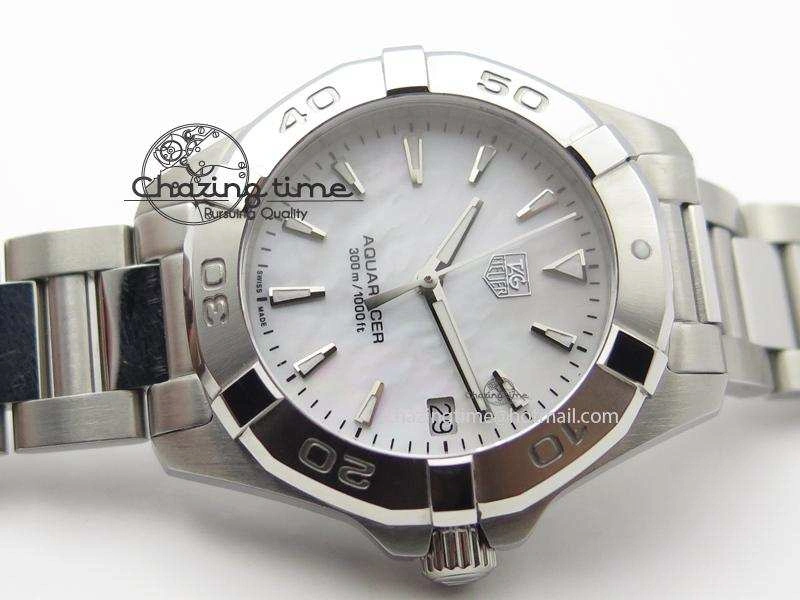 Aquaracer Ladies SS MOP White Stick Markers Dial On SS Bracelet Swiss Quartz