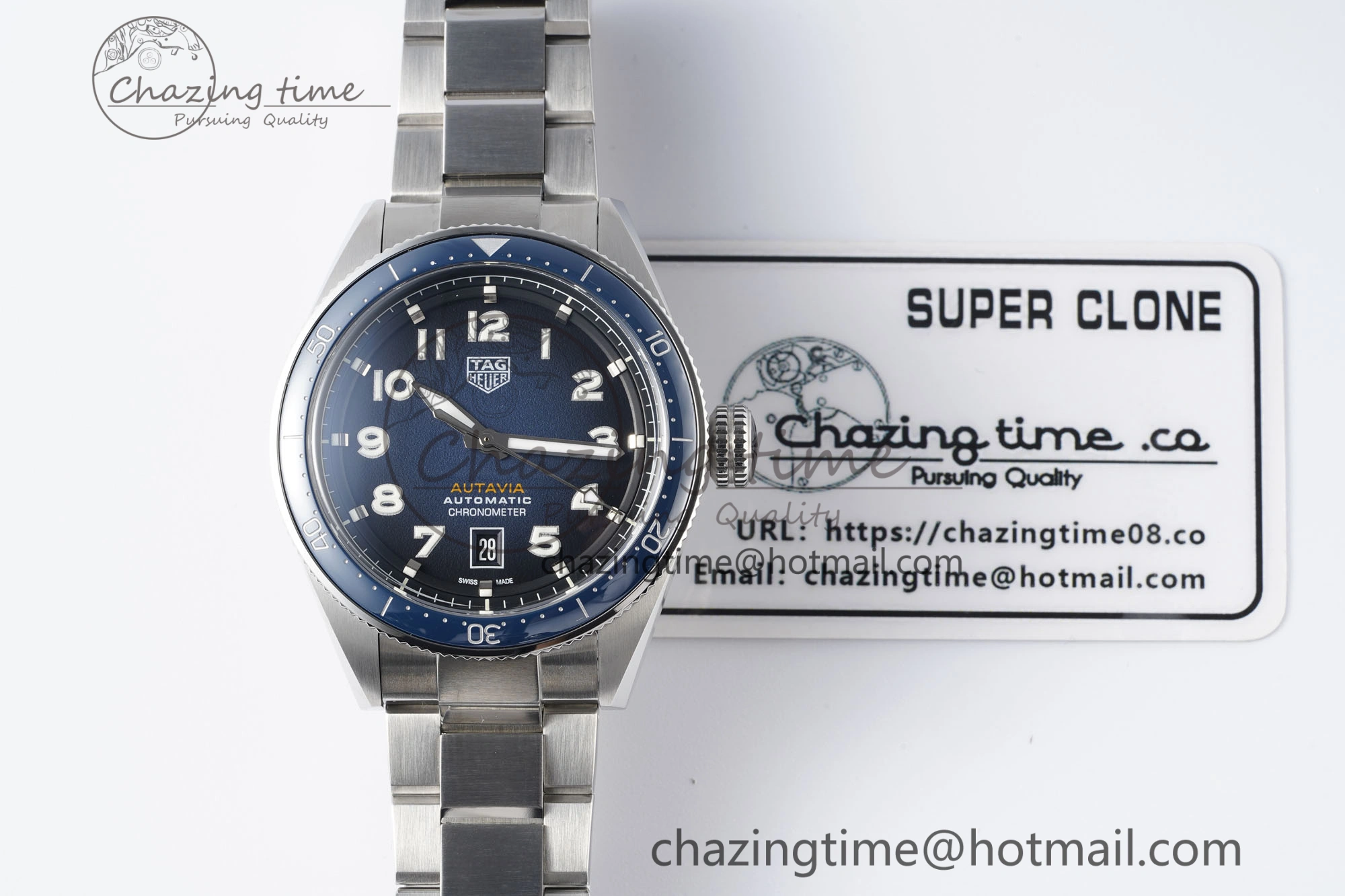 Autavia SS 42mm TARF 1:1 Best Edition Blue Dial Blue Ceramic Bezel on SS Bracelet SW200