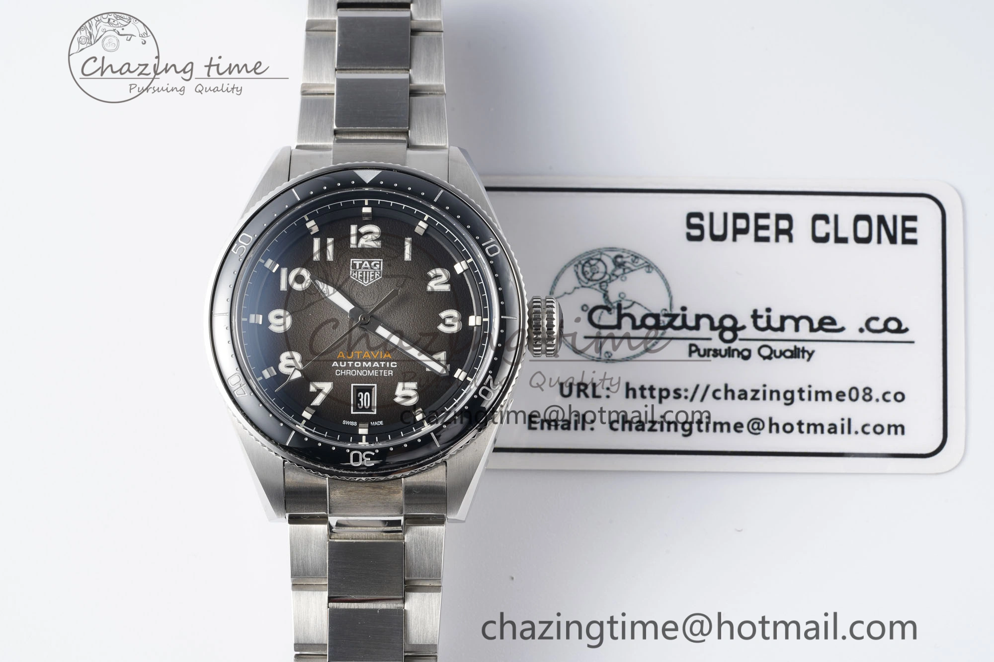 Autavia SS 42mm TARF 1:1 Best Edition Gray Dial Black Ceramic Bezel on SS Bracelet SW200