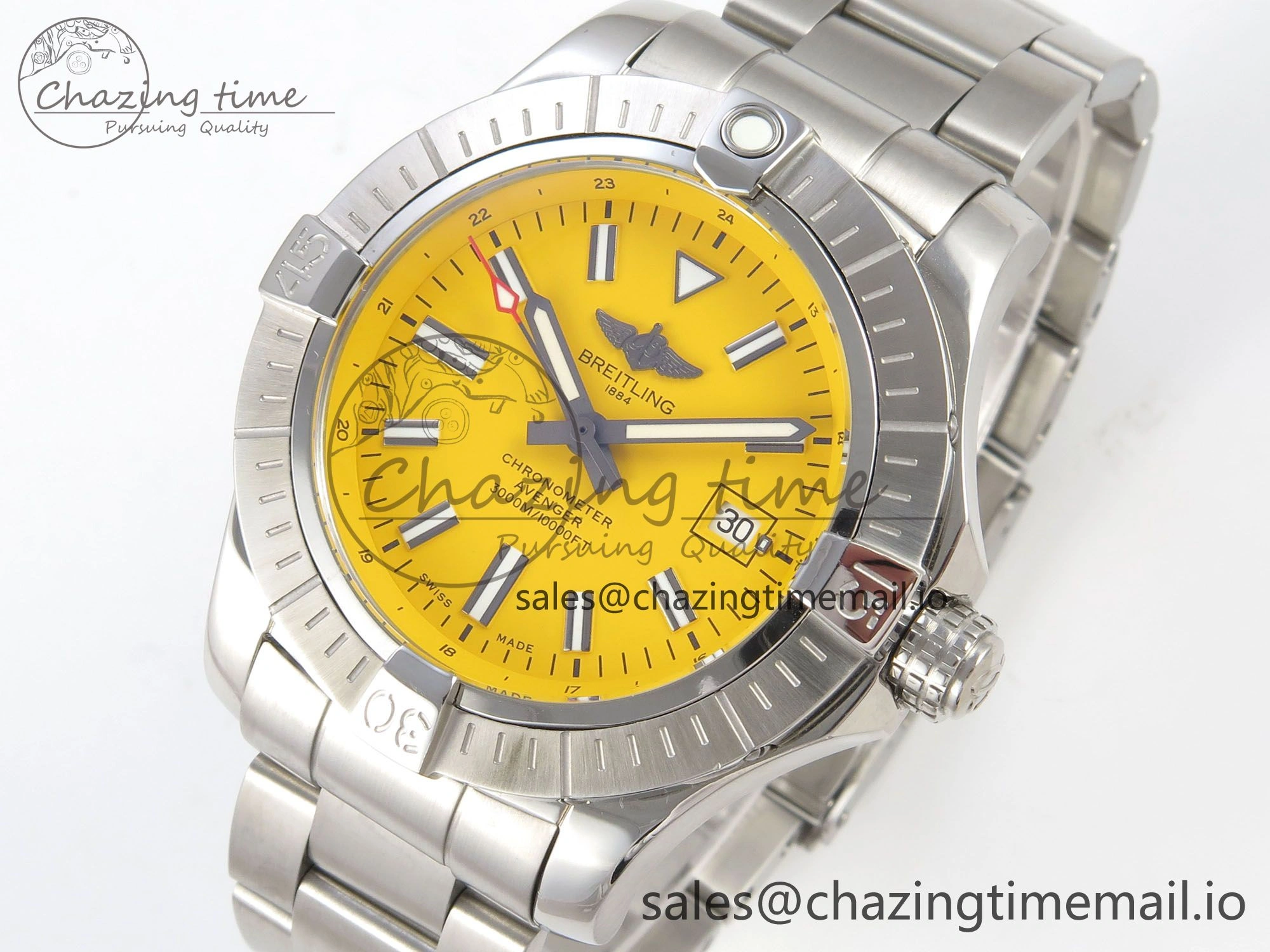 Avenger 43mm SS TF 1:1 Best Edition Yellow Dial on SS Bracelet A2824 V2