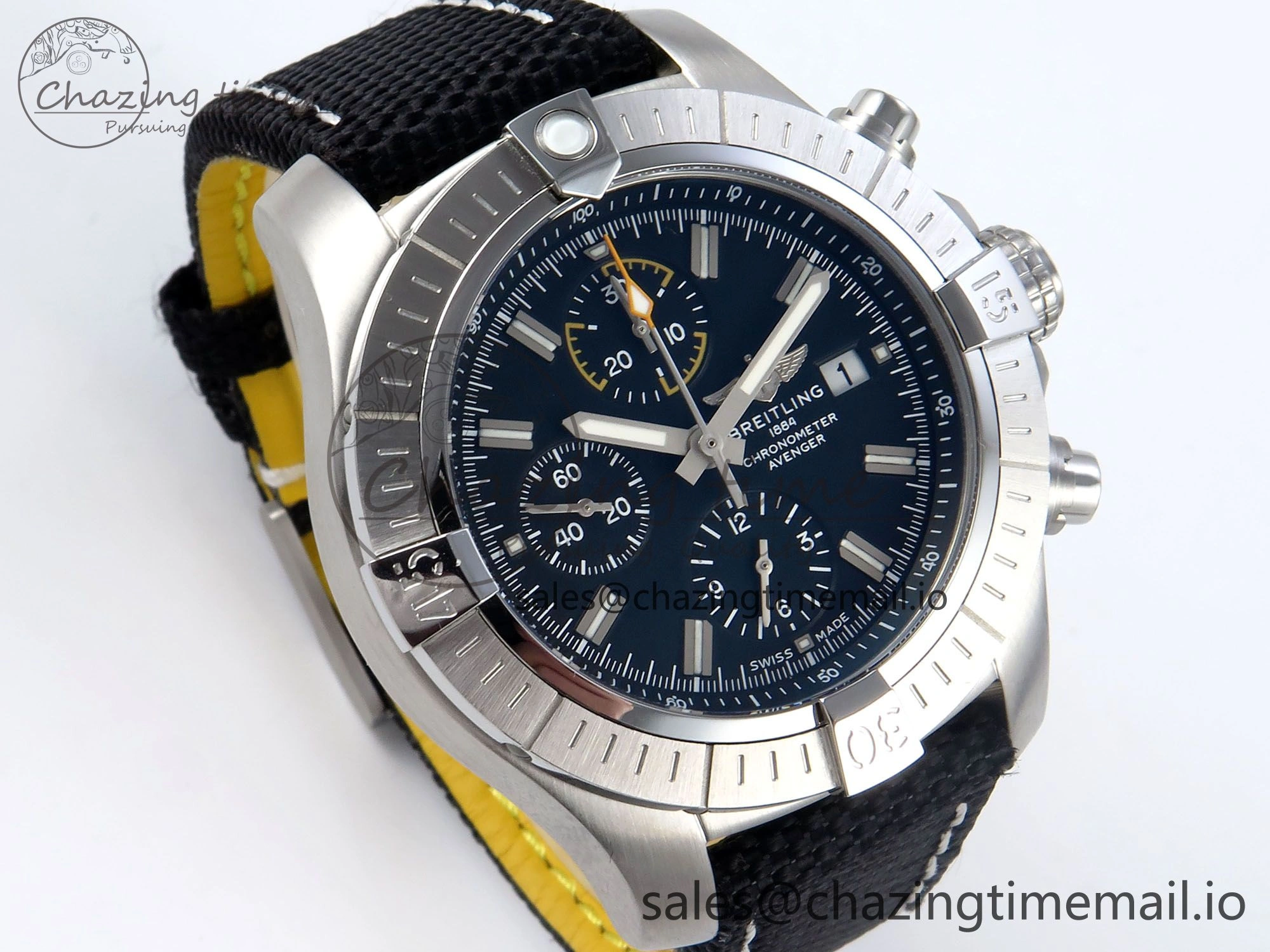Avenger Chrono 45mm SS TF 1:1 Best Edition Black Dial on Black Nylon Strap A7750