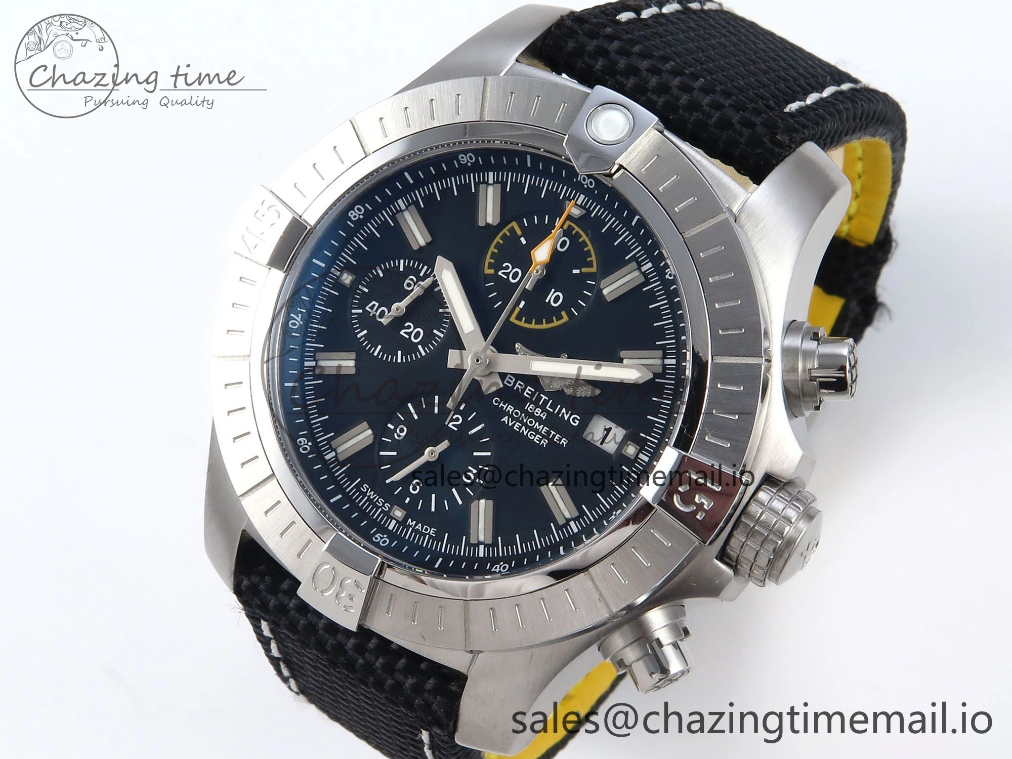 Avenger Chrono 45mm SS TF 1:1 Best Edition Black Dial on Black Nylon Strap A7750