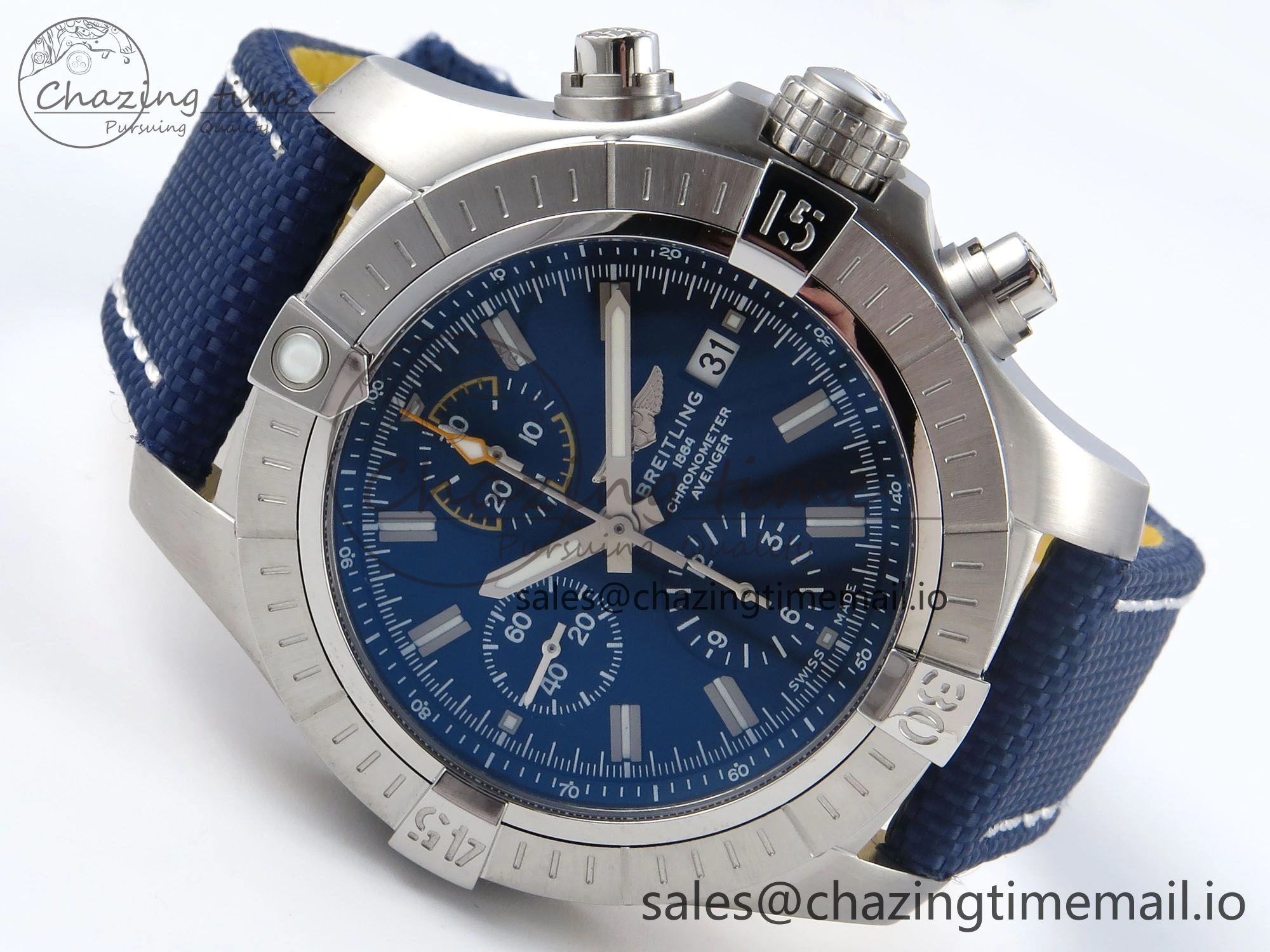 Avenger Chrono 45mm SS TF 1:1 Best Edition Blue Dial on Blue Nylon Strap A7750