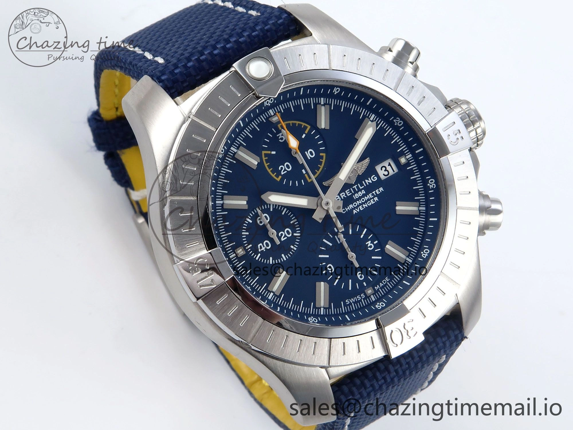 Avenger Chrono 45mm SS TF 1:1 Best Edition Blue Dial on Blue Nylon Strap A7750