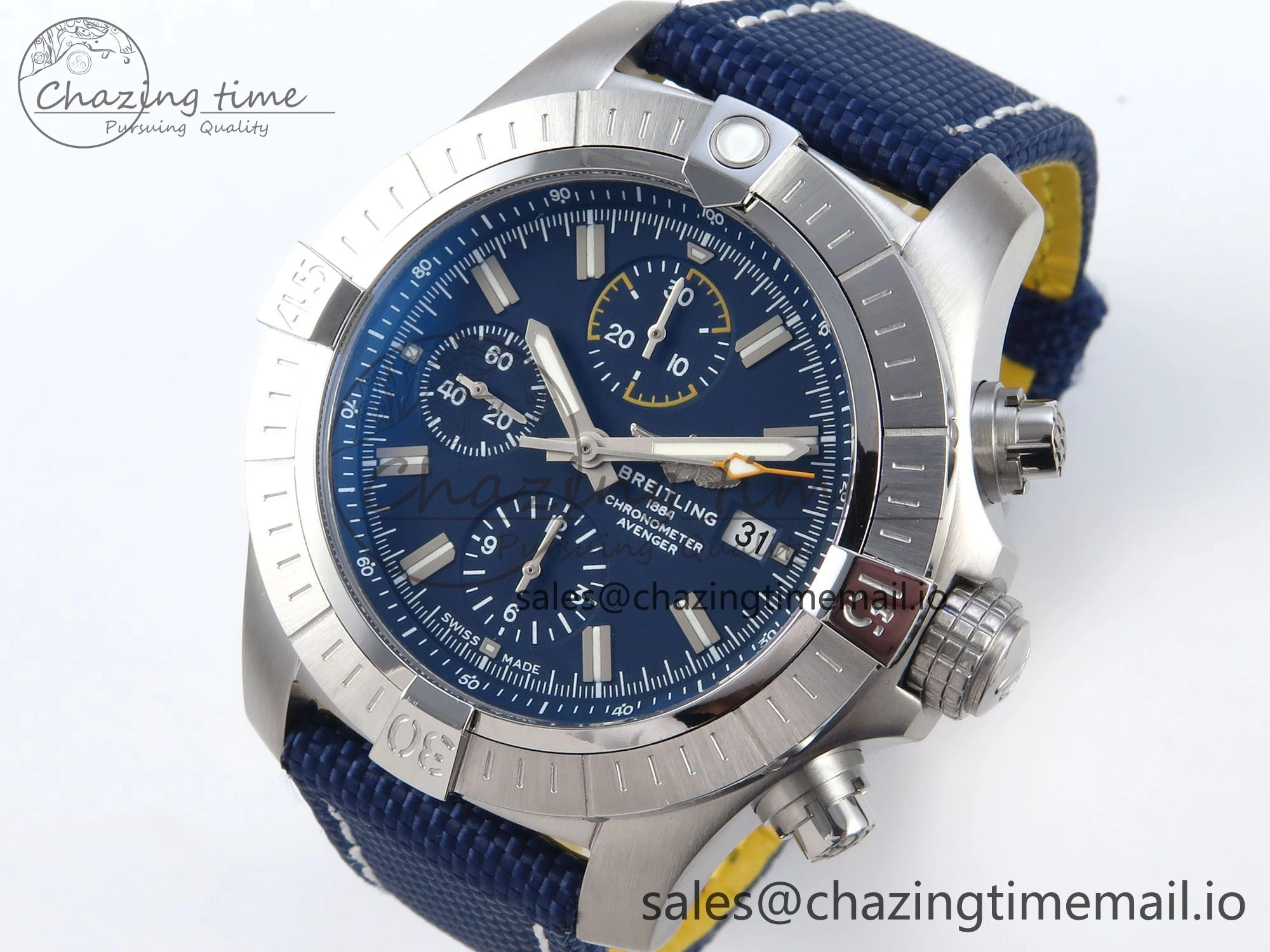 Avenger Chrono 45mm SS TF 1:1 Best Edition Blue Dial on Blue Nylon Strap A7750