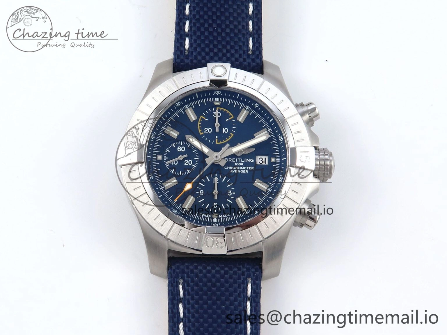Avenger Chrono 45mm SS TF 1:1 Best Edition Blue Dial on Blue Nylon Strap A7750