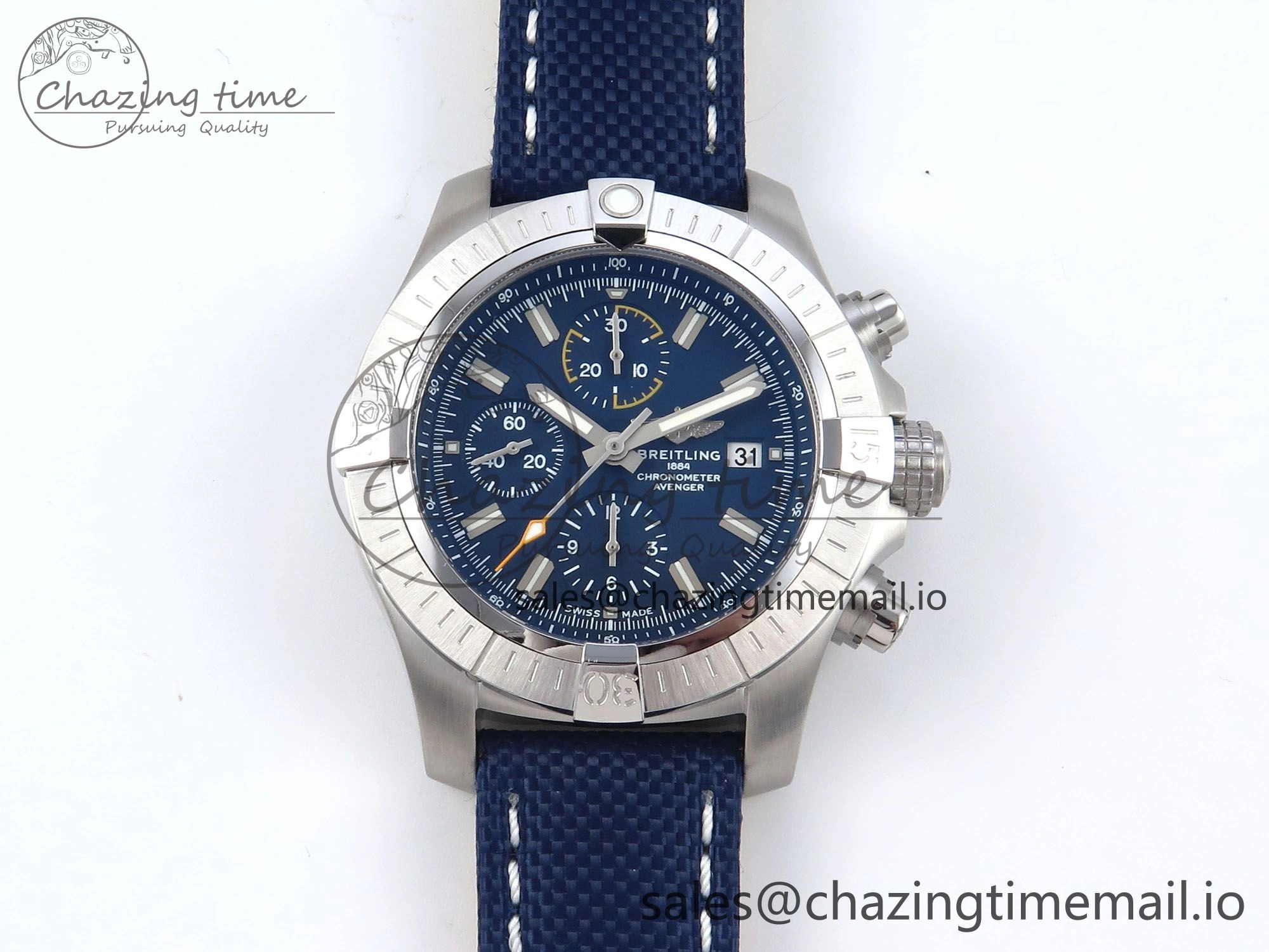 Avenger Chrono 45mm SS TF 1:1 Best Edition Blue Dial on Blue Nylon Strap A7750