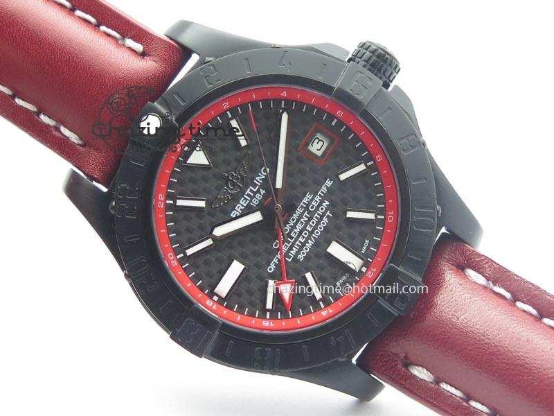 Avenger GMT DLC Black Stick Marker Textured Dial Red Inner Bezel On Leather Strap A2836