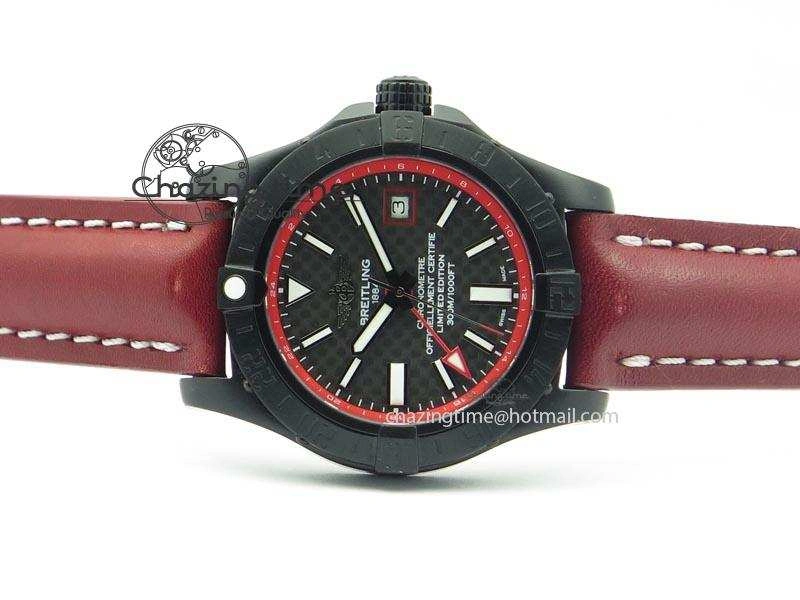 Avenger GMT DLC Black Stick Marker Textured Dial Red Inner Bezel On Leather Strap A2836