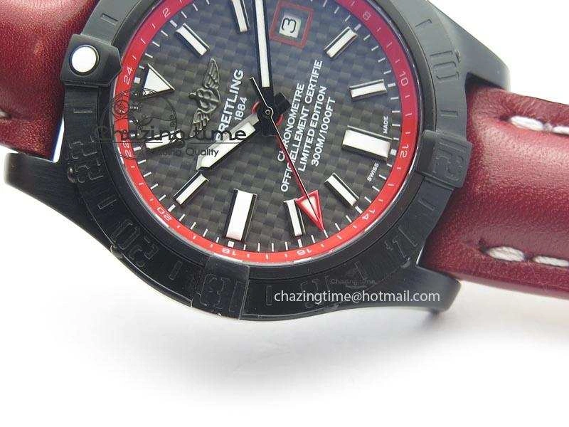 Avenger GMT DLC Black Stick Marker Textured Dial Red Inner Bezel On Leather Strap A2836