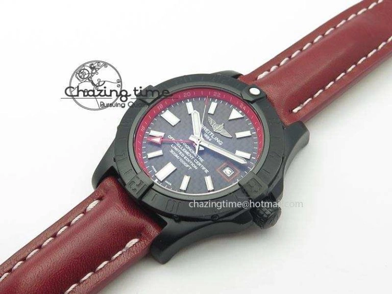 Avenger GMT DLC Black Stick Marker Textured Dial Red Inner Bezel On Leather Strap A2836
