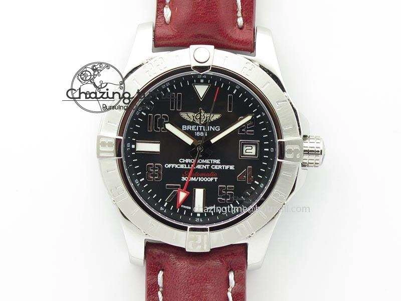 Avenger II GMT SS Black Dial Arabic Numerals Markers On Leather Strap A2836