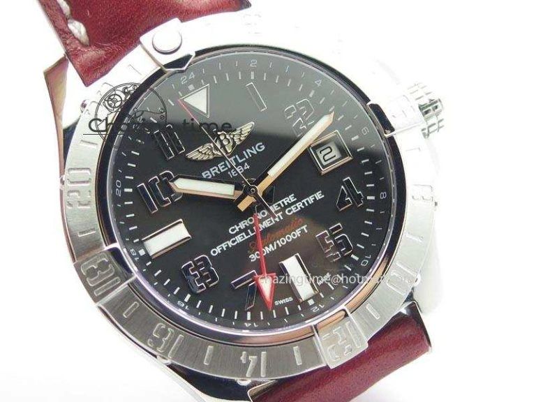 Avenger II GMT SS Black Dial Arabic Numerals Markers On Leather Strap A2836