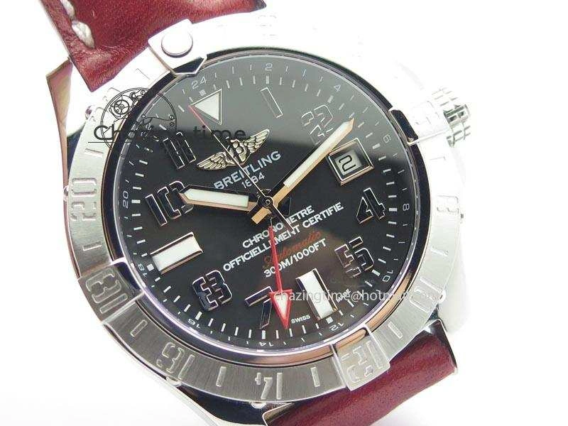 Avenger II GMT SS Black Dial Arabic Numerals Markers On Leather Strap A2836