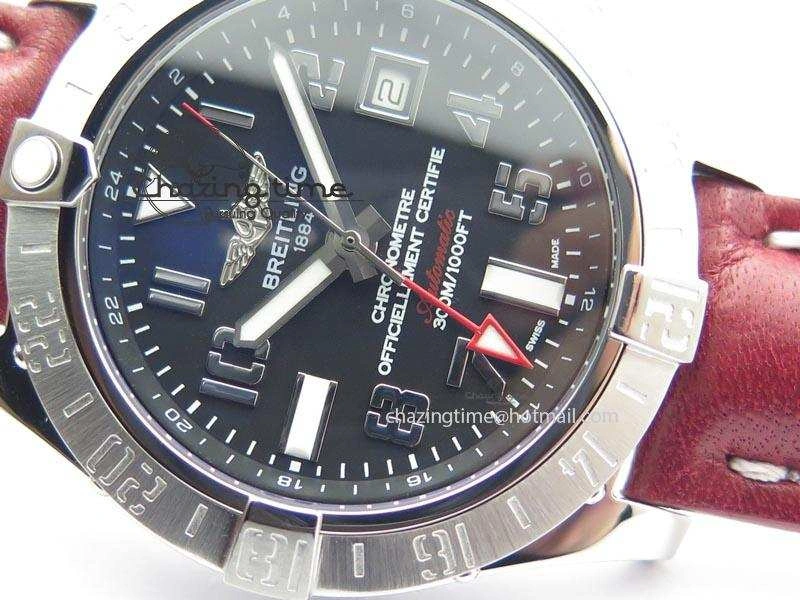 Avenger II GMT SS Black Dial Arabic Numerals Markers On Leather Strap A2836