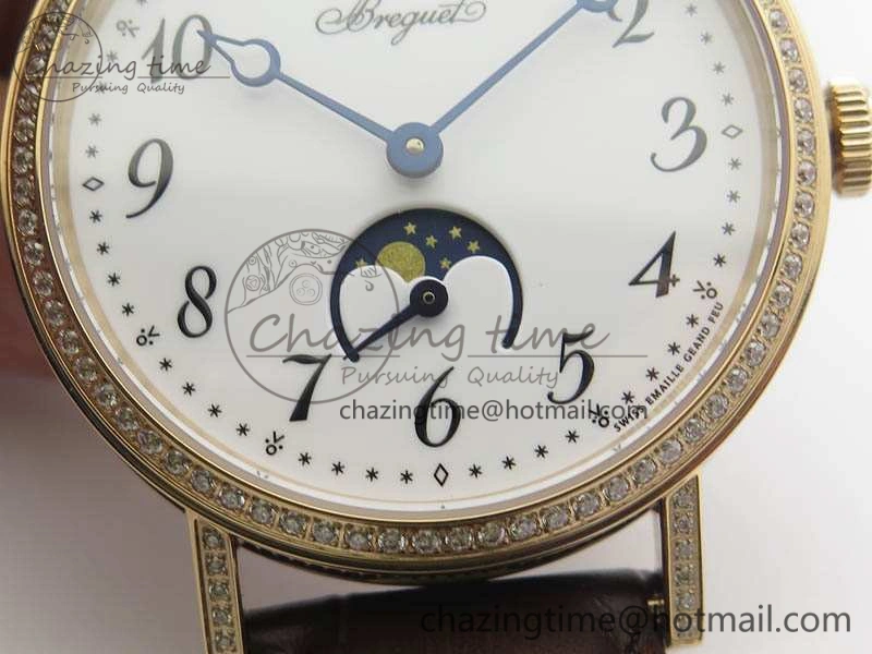 BG 9087BB Moonphase RG 1:1 Best Edition White Dial Diamond Bezel On Brown Leather Strap Cal.770