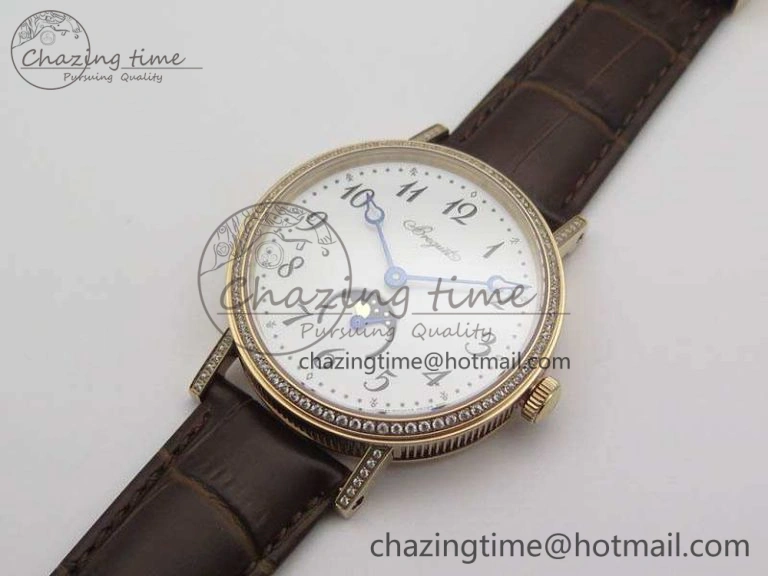 BG 9087BB Moonphase RG 1:1 Best Edition White Dial Diamond Bezel On Brown Leather Strap Cal.770