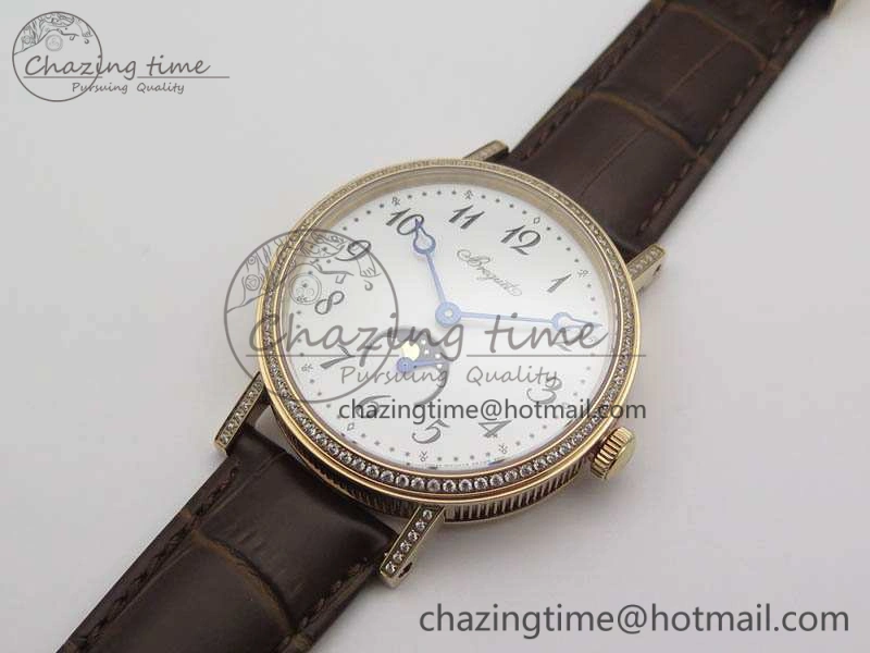 BG 9087BB Moonphase RG 1:1 Best Edition White Dial Diamond Bezel On Brown Leather Strap Cal.770