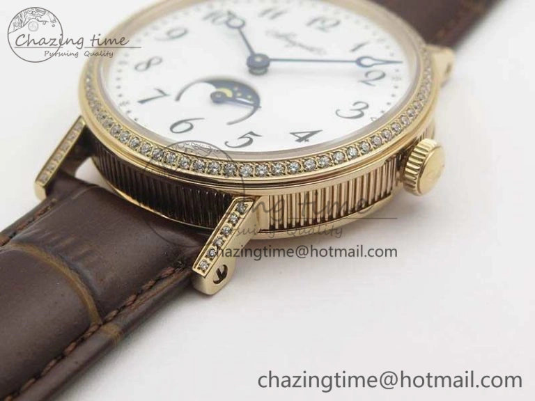 BG 9087BB Moonphase RG 1:1 Best Edition White Dial Diamond Bezel On Brown Leather Strap Cal.770