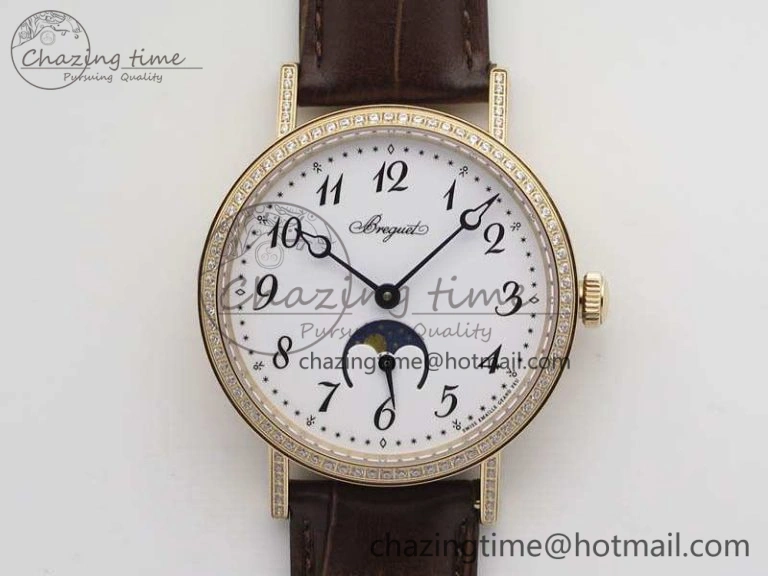 BG 9087BB Moonphase RG 1:1 Best Edition White Dial Diamond Bezel On Brown Leather Strap Cal.770