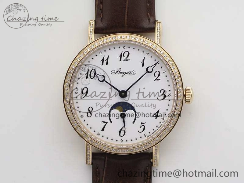 BG 9087BB Moonphase RG 1:1 Best Edition White Dial Diamond Bezel On Brown Leather Strap Cal.770