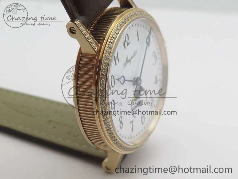 BG 9087BB Moonphase RG 1:1 Best Edition White Dial Diamond Bezel On Brown Leather Strap Cal.770